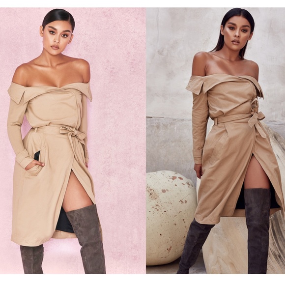 House of CB Jackets & Blazers - House Of CB, 'Magdalena' Camel Off Shoulder Trench Coat, Size L